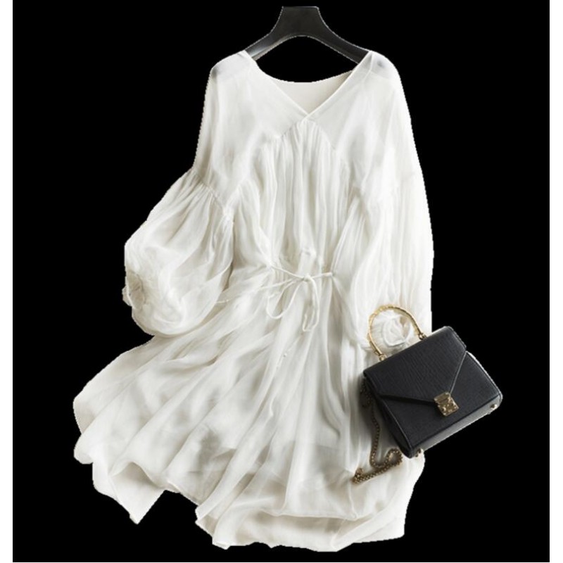 Pure Silk Beach Dress White Long Women Summer Clothing